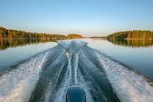 Trail On Water Surface Behind Of Fast Moving Motor Boat