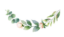 Watercolor Vector Hand Painting Wreath Of Pink Flowers And Green Leaves.