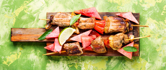 Canvas Print - Shish kebab with watermelon garnish