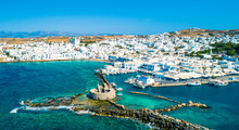 Ancient Ruins Of Venetian Castle In The Harbor Of Naoussa Town, View From Above, Paros Island, Greece