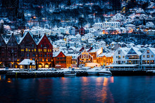 Panorama Of Historical Buildings Of Bergen At Christmas Time. View Of Old Wooden Hanseatic Houses In Bergen