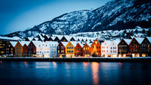 Panorama Of Historical Buildings Of Bergen At Christmas Time. View Of Old Wooden Hanseatic Houses In Bergen