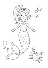 Wall Mural - Coloring page for kids. Cute cartoon mermaid with a crab. Vector illustration