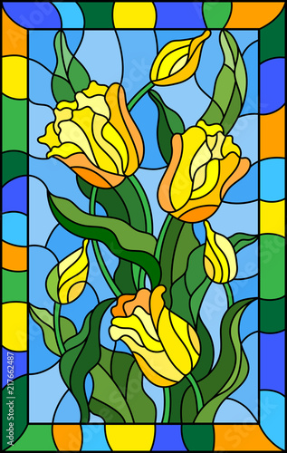 ilustracja-w-witrazu-stylu-z-bukietem-zolci-tulipany-na-blekitnym-tle
