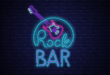 Canvas Print - Rock bar neon colorful signboard on black bricklaying wall.