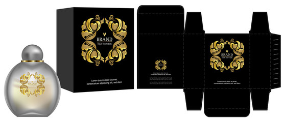 Wall Mural - Packaging design, Label on cosmetic container with black and gold luxury box template and mockup box. vector illustration.