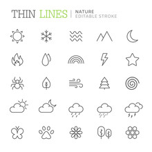 Collection Of Nature Related Line Icons. Editable Stroke