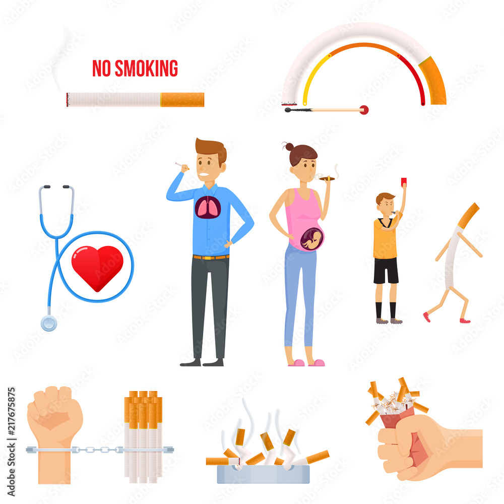 Set of healthy lifestyle, fighting with no smoking, bad habits. Stock ...