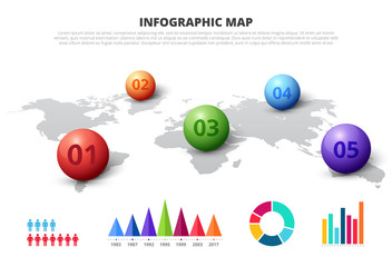 Vector world map with 5 spheres for business infographic. Presentation template.