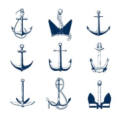 Wall Mural - Collection of nautical anchors of various types hand drawn with navy contour lines on white background. Monochrome decorative vector illustration in elegant antique style for logotype, tattoo.