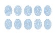 Set of fingerprints of various types isolated on white background. Traces of friction ridges of human fingers. Method of forensic science, person's identification. Monochrome vector illustration.