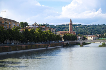 Poster - Verona, Italy - July, 23, 2018: embankment of Adige river in Verona, Italy