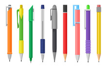 Flat Vector Set Of Colorful Pens And Pencils. Stationery Supply. School Or Office Tools For Writing And Drawing
