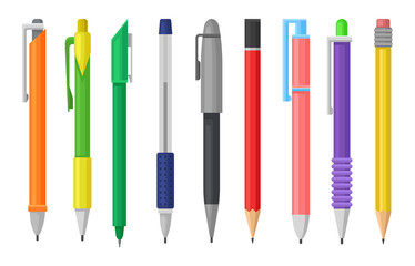 flat vector set of colorful pens and pencils. stationery supply. school or office tools for writing 