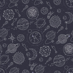 Wall Mural - seamless vector pattern with cosmos doodle illustrations. galaxy handdrawn elements.