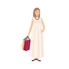 Happy pregnant woman wearing dress and carrying shopping bags with purchases isolated on white background. Young mother buying clothes for her baby. Colored vector illustration in flat cartoon style.