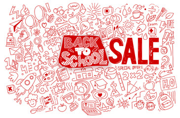 Wall Mural - Hand drawn back to school sale doodles and sketch style lettering on yellow background. Vector illustration. For discount banners, posters, flyers. A lot of education icons, study symbols. Red color