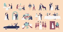 Collection Of Bride And Groom Preparing For Wedding Ceremony. Set Of Preparations For Marriage Celebration Day Isolated On Light Background. Colorful Vector Illustration In Flat Cartoon Style.