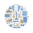© nadiinko - Financial accounting circle poster flat line icons. Bookkeeping brochure concept, tax optimization, firm accountant, payroll, real estate crediting. Accountancy, finance vector signs legal services.