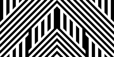 Wall Mural - Seamless pattern with striped black white straight lines and diagonal inclined lines (zigzag, chevron). Optical illusion effect, op art. Vector vibrant decorative background, texture.