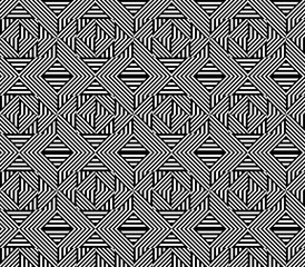 Wall Mural - Seamless pattern with striped black white straight lines and diagonal inclined lines. Optical illusion effect. Geometric op art style. Vector illusive background for cloth, textile, print, web.