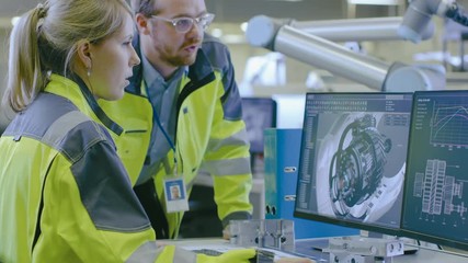 Aufkleber - At the Factory: Male Mechanical Engineer Holds Component and Female Chief Engineer Work on Personal Computer, They Discuss Details of the 3D Engine Model for Robotic Arm.