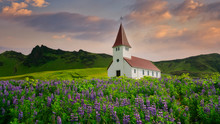 Beautiful Scene Of Vik Church In Summer, Southern Iceland