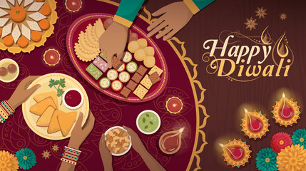 Traditional Diwali celebration at home with food and lamps