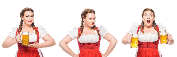 Wall Mural - oktoberfest waitress in traditional bavarian dress with light beer in three different positions isolated on white background