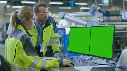 Fototapete - At the Factory: Male Mechanical Engineer and Female Chief Engineer Work Together on the Green Mock-up Screen Personal Computer with Two Displays, They Talk.