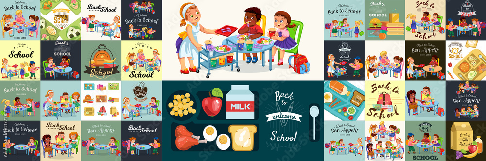 School dinner colorful set, Composition of posters with pupils lunch ...