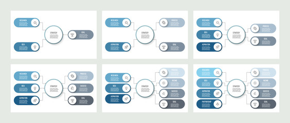 Business infographics. Organization charts with 3, 4, 5, 6, 7, 8 options. Vector template.