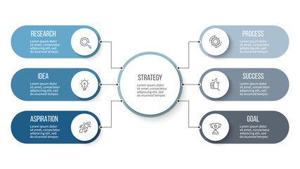 Sticker - Business infographic. Organization chart with 6 options. Vector template.