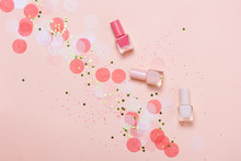 Pastel Pink Nail Polishes And Confetti, Stars And Sparkles.