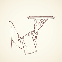 Hand Of Waiter With Dish. Vector Drawing