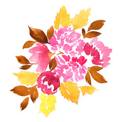 Sticker - Watercolor floral composition of dahlias. Hand painted bouquet of flowers in pink and orange