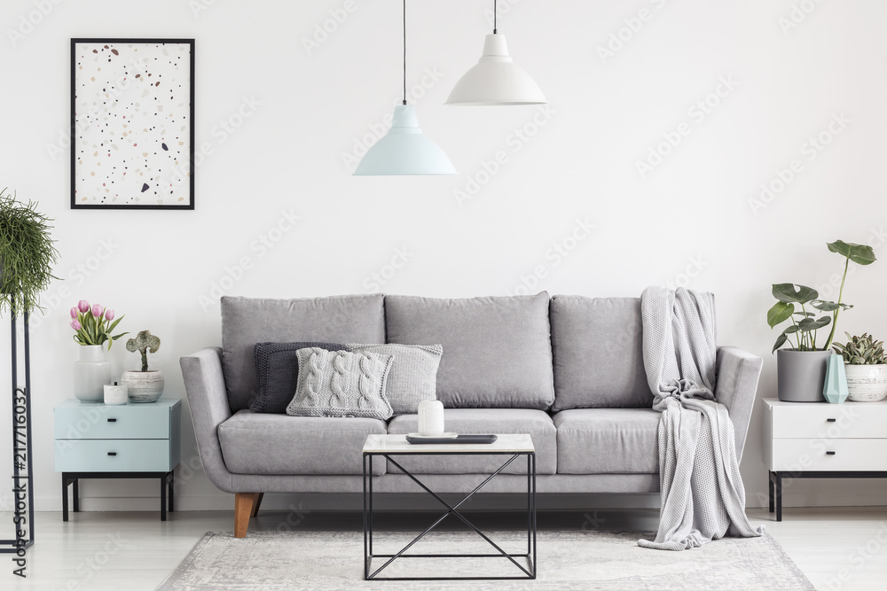 Luxurious Living Room Interior With A Grey Couch Lamps