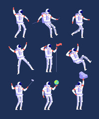 Wall Mural - astronauts. cartoon cosmonauts in spacesuits in space. vector spaceman characters for game