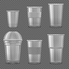 Wall Mural - Empty transparent plastic disposable cups. Takeaway drink containers isolated vector set