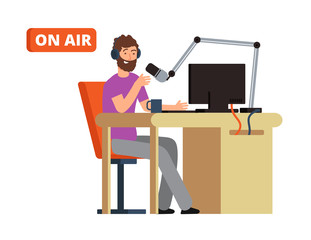 Wall Mural - Broadcast in radio studio. Broadcasting person with microphone and headphones. Cartoon vector illustration