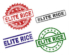 ELITE RICE Seal Prints With Distress Surface. Black, Green,red,blue Vector Rubber Prints Of ELITE RICE Title With Retro Surface. Rubber Seals With Circle, Rectangle, Medallion Shapes.