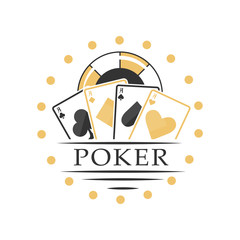 Wall Mural - Poker logo, black and golden emblem for gambling club, casino, championship vector Illustration isolated on a white background