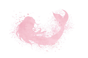 Watercolor mermaid silhouette with paint splatter and spray effect in pink pastel colors isolated on the white background. Abstract fantasy girl illustration.