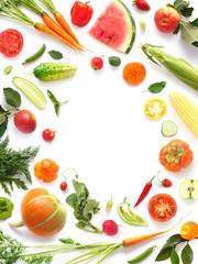 Wall Mural - Frame of various vegetables and fruits isolated on white background, top view, creative flat layout.