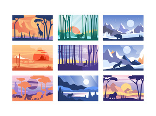 Collection of beautiful scene of nature, peaceful landscape with wild animals in different time of day, templates for banner, poster, magazine, cover horizontal vector Illustration