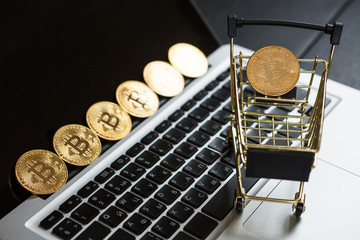 Shopping cart with bitcoin on laptop.