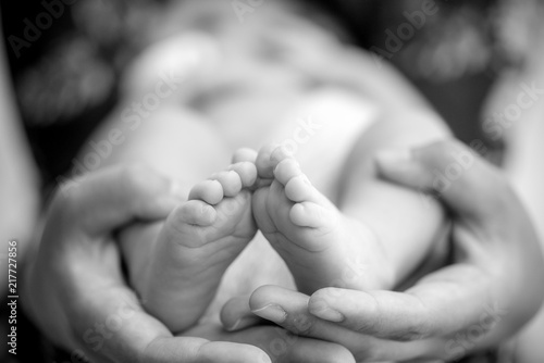 Fototapeta Stopy noworodka w rękach rodziców. Happy Family oncept. Mama i tata ściskają nogi dziecka.
