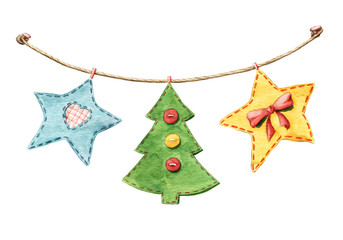 Christmas ornament, garland with patchwork stars, fir tree flags decorated with ribbons and buttons, watercolor illustration isolated on white background. Watercolor Christmas flags - fir tree, stars