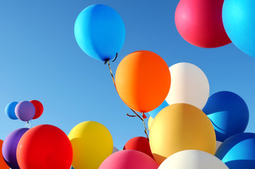 Wall Mural - multicolored balloons in the city festival on blue sky background