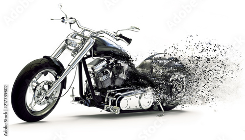 Side view of a Custom black motorcycle with dispersion effects on a white background Obraz na płótnie